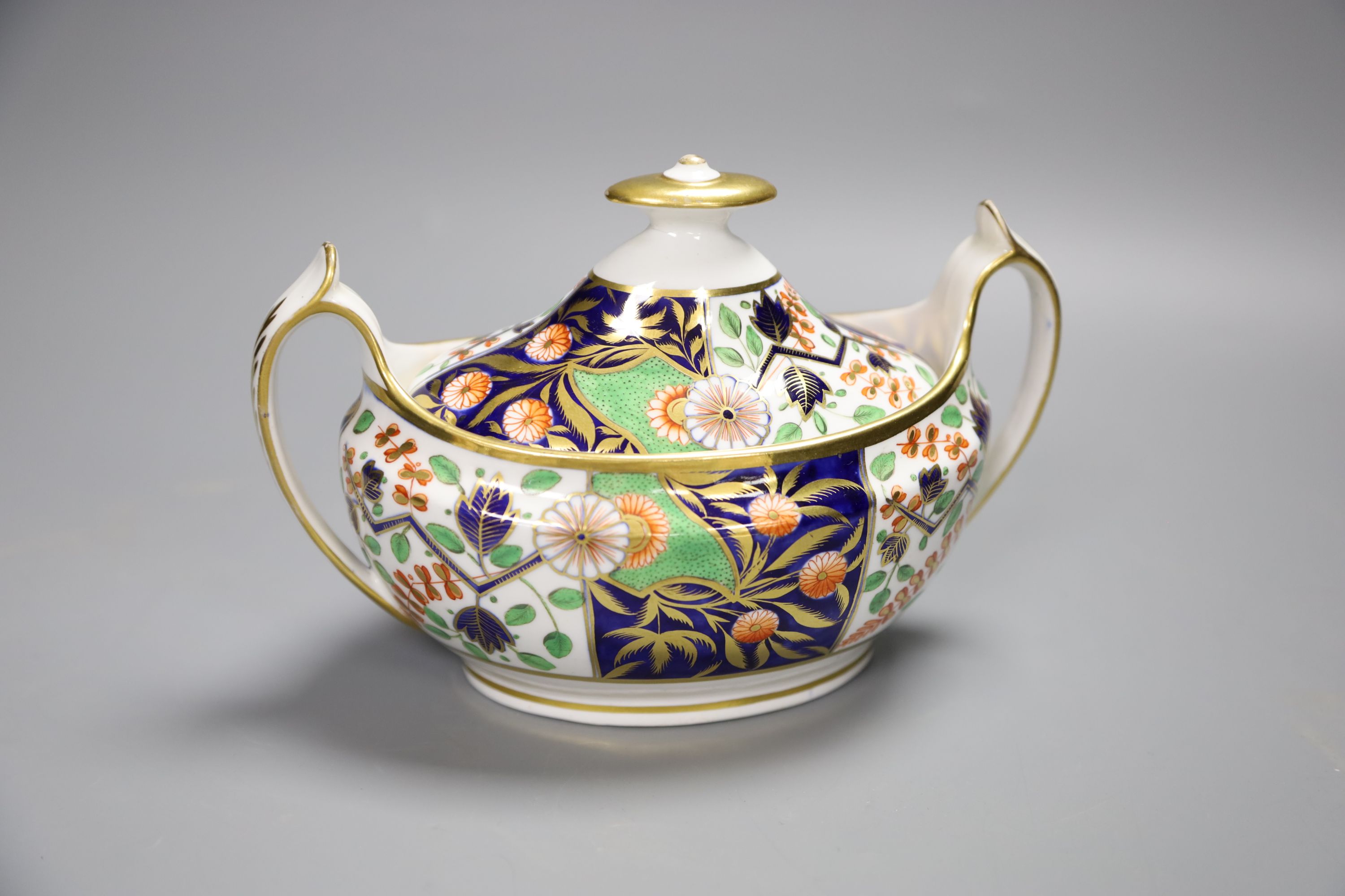 A Spode sucrier and cover painted in Imari style with pattern 1839